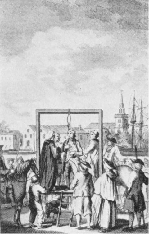An eighteenth-century engraving of an execution on the Thames foreshore at Wapping: a simple timber gallows stands at the water's edge with a hanged man, a mounted official holding a silver oar faces it, and crowded boats and onlookers fill the river and the bank behind.
