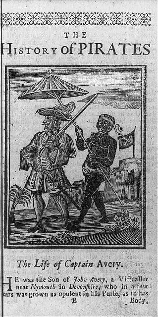 An eighteenth-century engraving of the pirate Henry Every, shown standing in coat and full wig on a shore while a servant holds a parasol over his head. Shipping is visible in the water behind him.