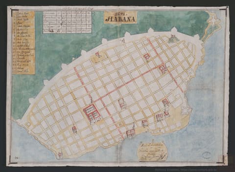 A hand-coloured manuscript plan of late seventeenth-century Havana, the harbour at the right, the city blocks ruled in ink with parish boundaries washed in red and a numbered key at the side.