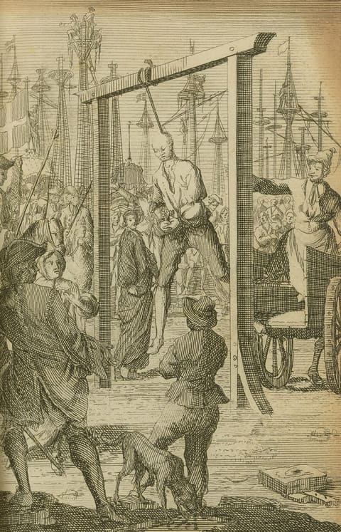 An eighteenth-century engraving of the hanging of the pirate Stede Bonnet: he stands on the gallows platform with a nosegay of flowers held in his bound hands, a crowd of townspeople and armed guards below him, and masts and shoreline visible behind.