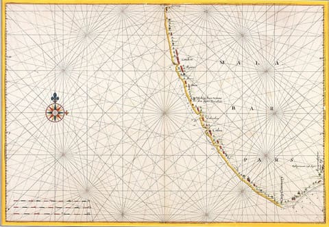 A hand-drawn and coloured seventeenth-century Dutch sea chart of the south-west Indian coast, showing the shoreline from Cochin down to Cape Comorin with soundings and coastal profiles.