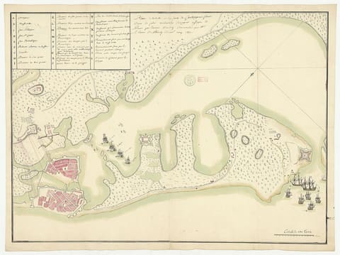An engraved seventeenth-century siege plan of Cartagena de Indias, showing the walled city and its suburb on their islands, the enclosed bay with its two sea entrances and outlying forts, and the positions of the besieging French squadron and landing parties.