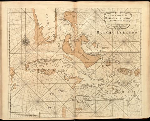 An eighteenth-century English sea chart of the Bahama Islands and the Windward Passage, the long chain of low banks and cays drawn between Florida and Cuba, thick with depth soundings and shoal hatching, with rhumb lines fanning across the open water.
