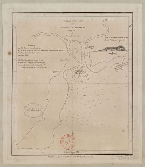 An eighteenth-century English chart of the harbour of St Mary's on the east coast of Madagascar, showing the sheltered anchorage, a small offshore islet and depth soundings in the approaches.
