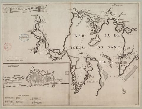 A seventeenth-century engraved chart of the Bay of All Saints in Brazil, showing the city of Salvador on its headland, the wide enclosed bay with its islands and the sea approaches, with a scale bar in Dutch miles.
