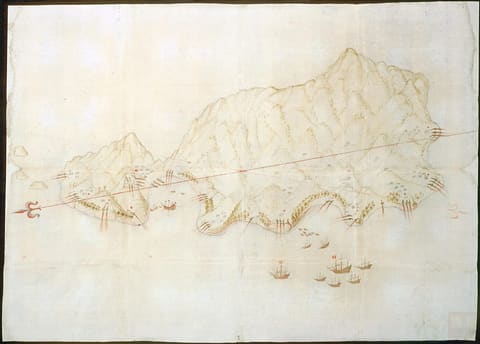 A hand-coloured Spanish manuscript map of 1640 showing the island of Santa Catalina, with a compass rose in the lower left and the coastline, anchorage and defensive positions drawn out.