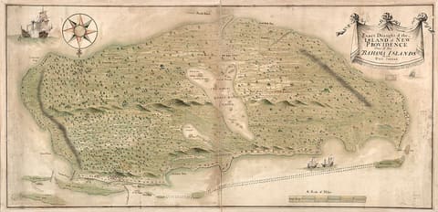 An eighteenth-century hand-drawn and watercoloured chart of New Providence in the Bahamas, showing the island's shoreline, its harbour and depth soundings, oriented with north at the bottom of the sheet.