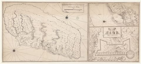A seventeenth-century French manuscript map of the Ile de la Tortue off Hispaniola, drawn by the engineer Francois Blondel, showing the long narrow island, its cliffed northern shore and the fortified anchorage on the south.