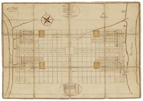 Thomas Holme's 1683 plan of Philadelphia, showing a rectangular grid of streets laid out between the Delaware and Schuylkill rivers, with a central square and four smaller squares.