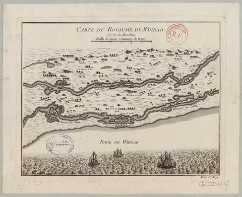 An eighteenth-century French map of the kingdom of Whydah on the Slave Coast, showing the inland capital at Savi, the coastal trading settlement and the open shore of the Bight of Benin.
