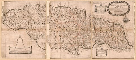 A hand-coloured English map of Jamaica printed in 1684, with relief shown pictorially and the island's towns, churches and harbours named, including the port at the end of the long spit enclosing the main anchorage.