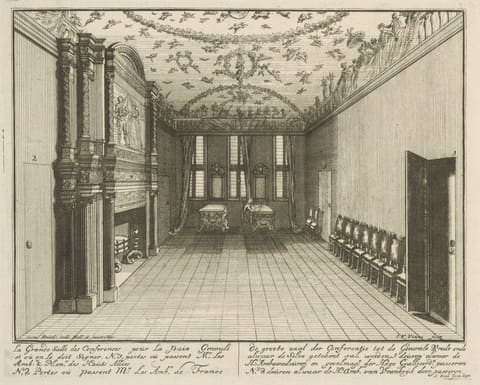 A 1697 etching of a long formal conference chamber in the Huis ter Nieuburch at Rijswijk, with rows of high-backed chairs set against panelled walls, a large fireplace at one end and an ornate ceiling of putti and garlands overhead.