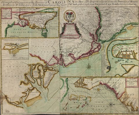 A 1711 engraved map of the Carolina coast from North Carolina to Florida, with depth soundings offshore and an inset plan showing the town and harbour of Charles Town and the bar across its entrance.