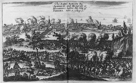 A 1684 engraving looking across open ground towards the walled city of Panama, with ranks of Spanish troops and horsemen on the right facing a compact body of buccaneers with muskets and pikes on the left, cattle being driven between them and church towers rising behind the defenders.