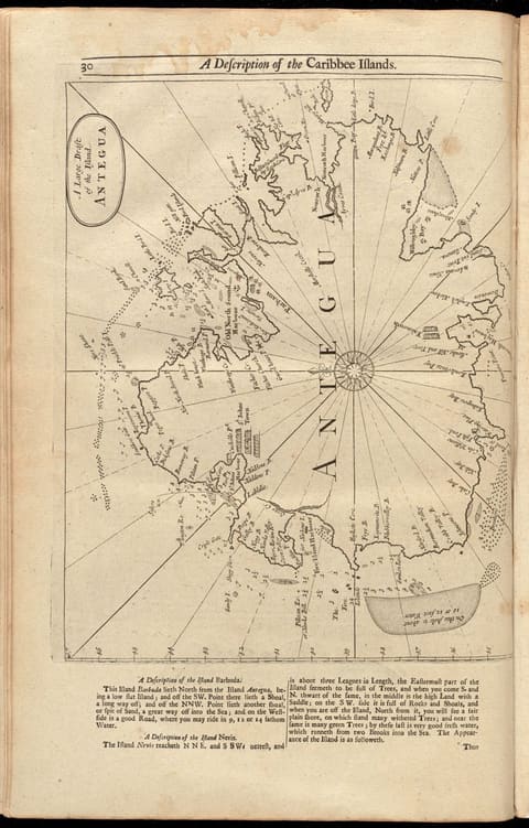 An eighteenth-century engraved sea chart of Antigua, the island's deeply indented coast ringed with depth soundings and hatched shoal marks, its southern inlets and the harbour at St John's picked out for shipping.