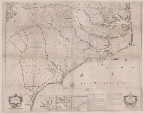 An engraved eighteenth-century map of the province of North Carolina, showing the Outer Banks barrier islands broken by named inlets, with the wide shallow sounds and river systems behind them.