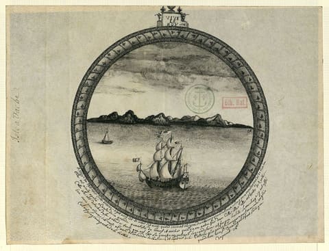 A hand-drawn seventeenth-century chart of a long narrow island off a mainland coast, its reefs and shoals stippled in ink and its anchorages marked, with compass rose and rhumb lines.
