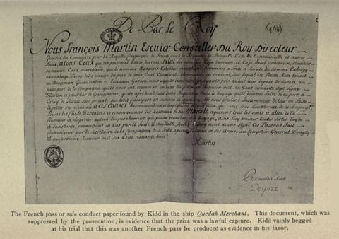 A photographic facsimile of a 1698 French East India Company safe conduct, a single sheet of French secretarial script with a heading in capitals and a signature at the foot, reproduced as a plate in a 1911 book.