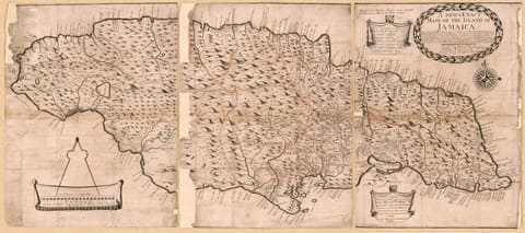 An engraved seventeenth-century map of Jamaica, relief drawn pictorially as rows of little hills, with parish towns and churches named along the coast and inland.