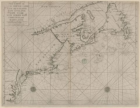 An eighteenth-century English sea chart by Mount and Page covering the coasts of Newfoundland, Nova Scotia, New England and New York, of the kind carried by the merchant and fishing masters who used Trepassey.