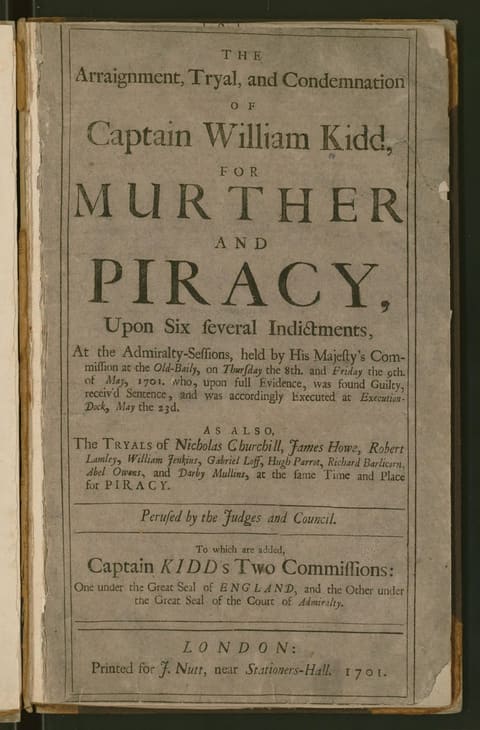 The letterpress title page of a 1701 London pamphlet reporting the trial of Captain William Kidd for murder and piracy at the Admiralty sessions held at the Old Bailey on 8 and 9 May 1701.