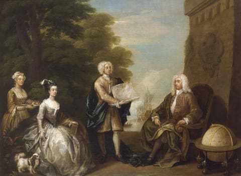 A 1729 group portrait in oils of Woodes Rogers seated outdoors with his family, wearing a full wig and cloak and holding navigational dividers, while a young man beside him unrolls a plan and a globe and shipping appear in the background.