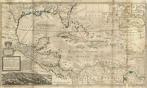 A large hand-coloured engraved map of the West Indies and the Spanish Main of about 1715, the coasts and islands washed in different colours to show Spanish, English, French and Dutch possessions, with arrows for the trade winds, dotted tracks for the Spanish galleon and flota routes, and inset plans of Havana, Cartagena, Vera Cruz, Porto Bello, St Augustine and Mexico City.
