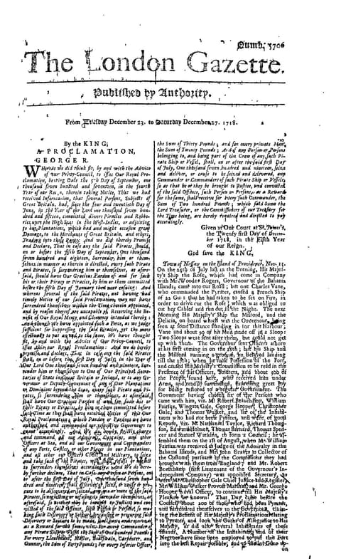 Front page of The London Gazette, issue 5706, for 23 to 27 December 1718. The second royal proclamation opens the first column: By the King, A Proclamation, George R.