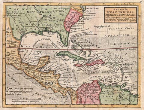 Printed map of 1732. Herman Moll's chart of the West Indies, the Caribbean islands and the neighbouring American coasts, with the Bahama islands, New Providence among them, in the upper part of the chart.