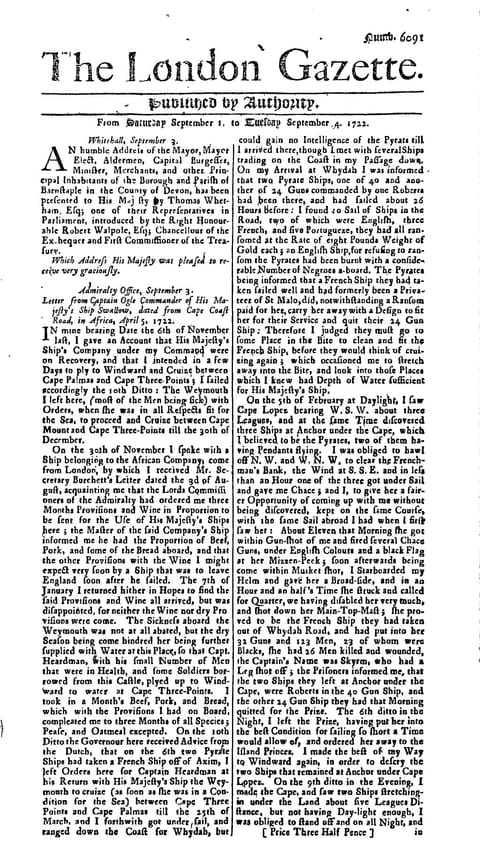 Front page of The London Gazette, issue 6091, for 1 to 4 September 1722. Under the masthead a dispatch begins: a letter from Captain Ogle, commander of His Majesty's Ship Swallow, dated from Cape Coast Road in Africa, reporting the action against the pirates.