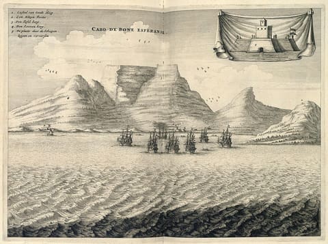 A seventeenth-century Dutch engraved view of Table Bay, with the flat wall of Table Mountain and Lion's Head behind, the star-shaped Castle of Good Hope and its outworks on the shore, and East Indiamen riding at anchor in the open roadstead; a small inset at the right shows the Castle in plan.