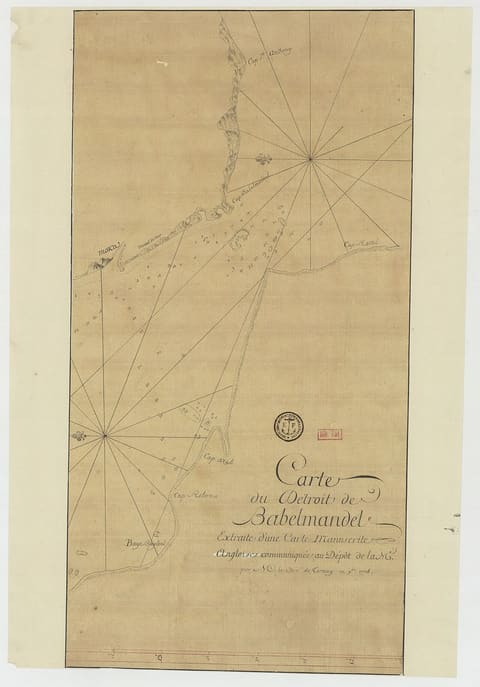 An eighteenth-century French sea chart of the strait of Bab-el-Mandeb, showing the island then called Babelmandel dividing the passage into a narrow eastern and a broad western channel, with depth soundings and the coasts of Arabia and Africa on either side.