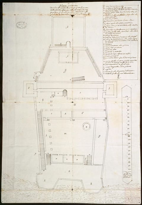 A seventeenth-century pen-and-ink plan of the castle of Santiago at Portobelo, drawn in sepia with an explanatory key lettered alphabetically in the upper left corner.