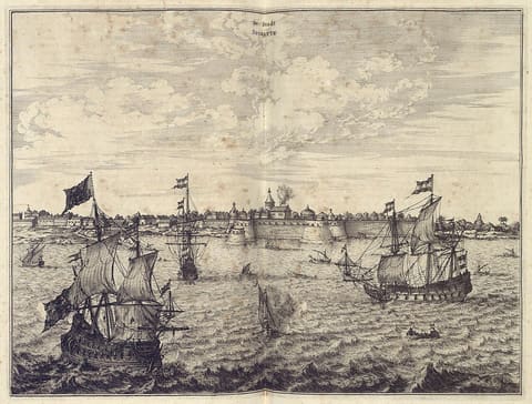 A seventeenth-century Dutch engraved bird's-eye view of the city of Surat in Gujarat, with European East Indiamen, dhows and small craft at anchor and under sail in the water before it.