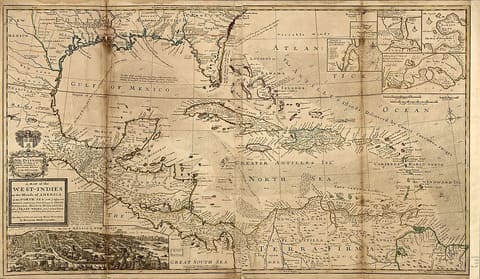 A large hand-coloured 1715 map of the West Indies and the Gulf of Mexico showing the Florida coast, the Bahama Channel and the Caribbean islands, with inset plans of Havana, Cartagena, Porto Bello and Mexico City around the margins.