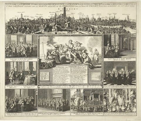 A large 1713 engraved commemorative sheet, a panoramic view of Utrecht along the top, a central allegorical figure of Peace with attendant figures and emblems, and eight smaller framed scenes around the edges showing negotiating chambers and a firework display over water.