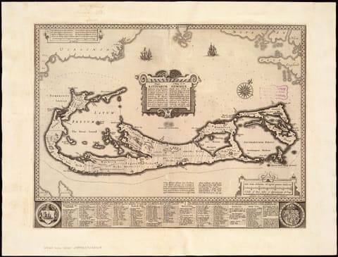A seventeenth-century engraved map of the Bermudas, the hook-shaped chain of islands drawn in detail and divided into lettered tribes, surrounded by an engraved reef and shoal system, with a key of landholdings and heraldic arms set into the sheet.