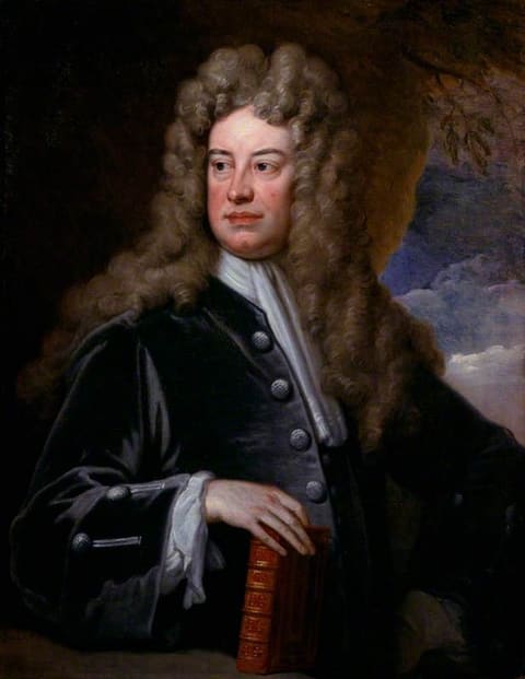 Half-length painted portrait of a clean-shaven man in a long fair periwig, wearing a dark velvet coat with a white cravat, his right hand resting on a red leather-bound book, against a dark background opening onto sky.