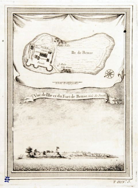 An eighteenth-century engraving showing the low, wooded island of Bense in the Sierra Leone River, with the walled European trading fort and its outbuildings occupying the higher ground, and sailing vessels lying in the channel alongside.