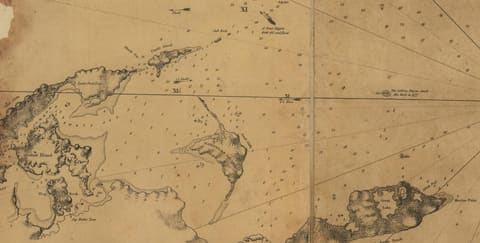 Detail of an engraved sea chart of 1779 showing Gardiners Island lying in the bay between the two forks of eastern Long Island, with Shelter Island, Plumb Island, Gull Rock, Sag Harbor Town and Montauk Point named, the bay and sound covered with soundings in feet and fathoms, anchorage marks and tide notes.