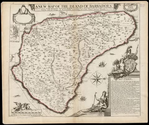 A late seventeenth-century engraved map of Barbados divided into its parishes, the interior covered with the symbols of windmills, watermills and cattle mills, each plantation lettered with its owner's name.