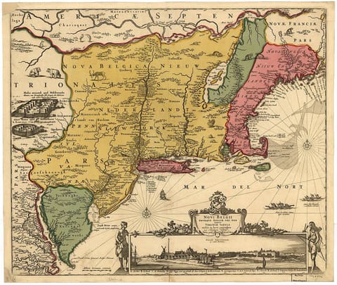 An engraved seventeenth-century Dutch chart of the New England and New Netherland coast, oriented with west at the top, with an inset panorama of the small town of New Amsterdam on Manhattan across its lower right corner.