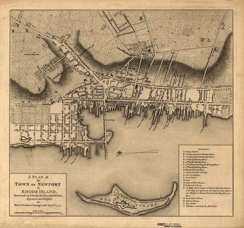 An engraved 1777 town plan of Newport, Rhode Island, the street grid running back from a harbour crowded with wharves, with Long Wharf projecting westward to a low point of land and Goat Island lying offshore.