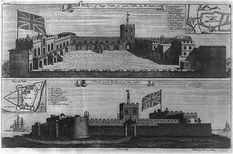 A copper engraving of two views of Cape Coast Castle on the Gold Coast: above, the castle seen from the sea with its bastions and gun batteries rising straight from the surf; below, a view from the north-west showing the landward walls and the town beyond.