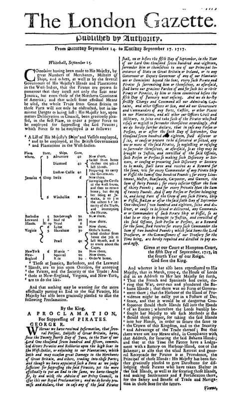 Front page of The London Gazette, issue 5573, for 14 to 17 September 1717. Under the masthead and the words Published by Authority, two columns of type: a Whitehall notice of 15 September on the complaints of merchants and governors that the pirates are grown so numerous, and the King's proclamation in italic offering pardon to pirates who surrender before 5 September 1718.