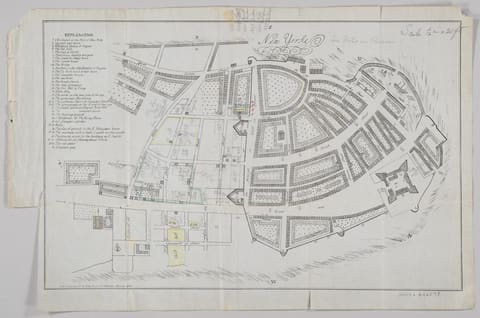 A plan of New York City in 1695, the streets of the small town filling the tip of Manhattan Island, the fort drawn at the southern point and the wharf line along the East River.