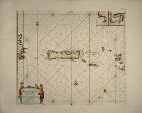 An early eighteenth-century Dutch sea chart of Puerto Rico and the islands to its east, engraved with rhumb lines radiating from compass roses and dotted with depth soundings. Anguilla and Saint Martin appear as small outlines at the eastern edge of the sheet, with inset plans of major harbours set into the corners.