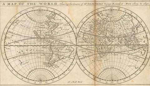 An engraved world map of 1697 on two hemispheres, with a dotted line tracing William Dampier's course westward from the Atlantic round Cape Horn into the Pacific, across to the East Indies and home, the continental outlines showing New Holland and Diemens Land in the incomplete form then known.