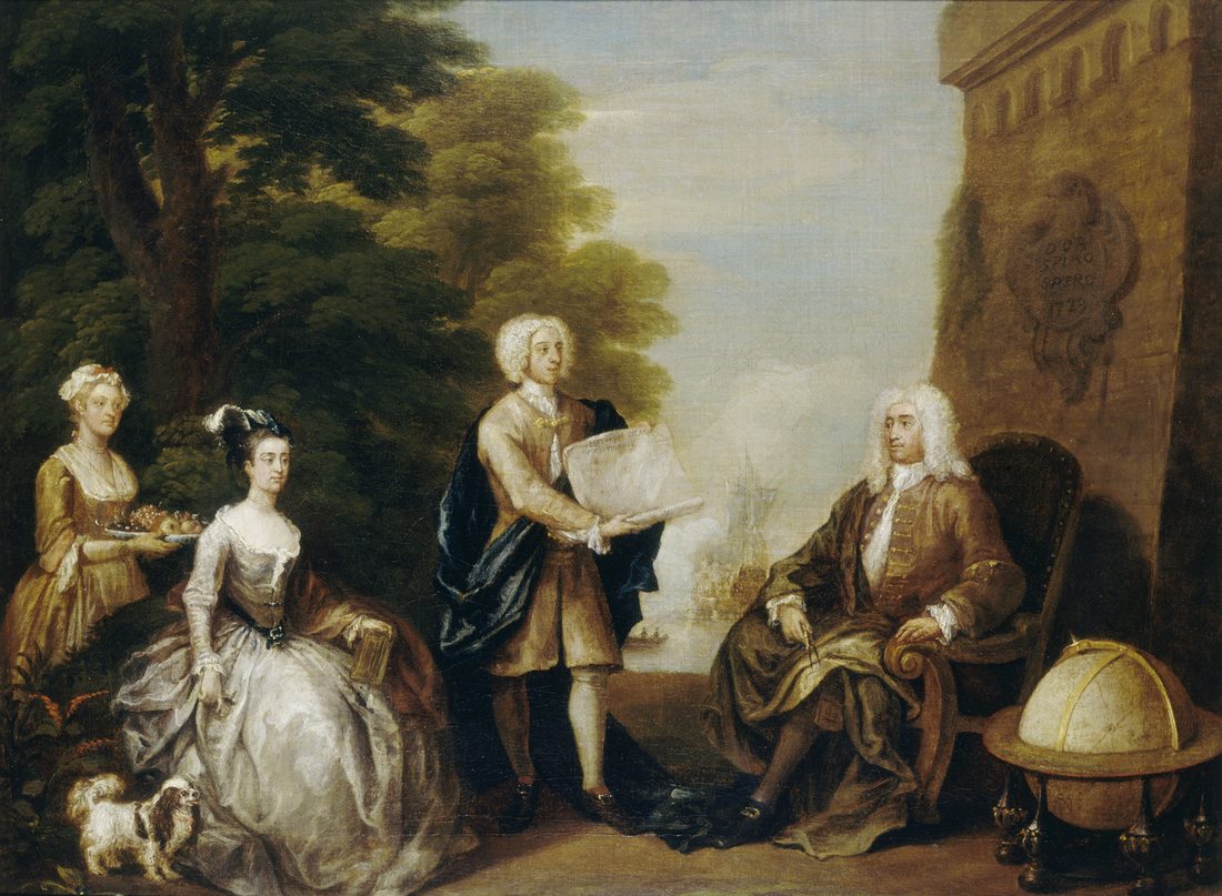 Oil painting of 1729 by William Hogarth. Woodes Rogers is seated with members of his family on a terrace, with the sea and shipping beyond.