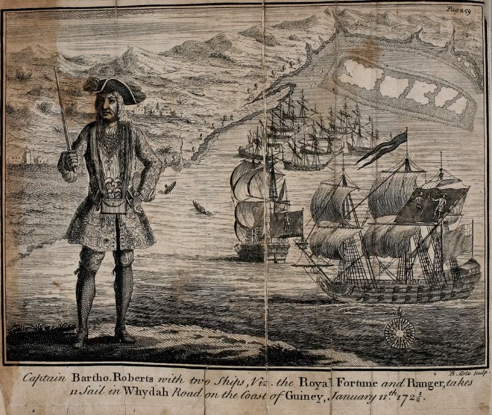 Engraved plate of Bartholomew Roberts with two ships, from Johnson's General History, 1724